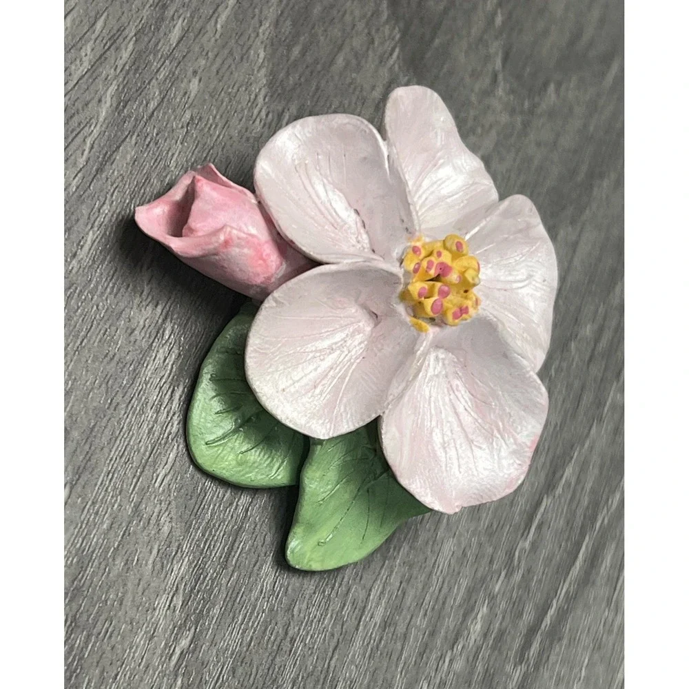 Vtg N Tobin HandPainted Flower Brooch Pin Pink White Green Artisan Signed Floral